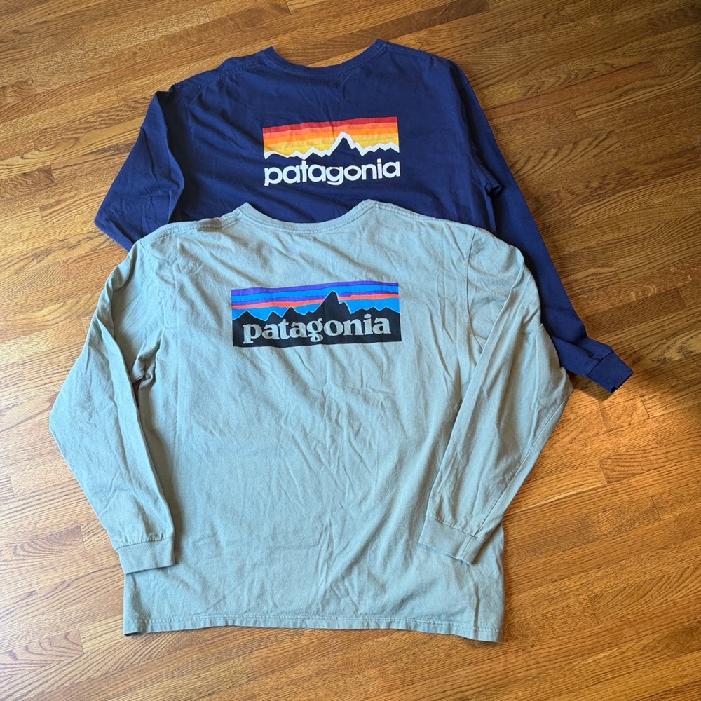 Patagonia Long Sleeve Tee - Navy & Light Gray with Multicolor Logo